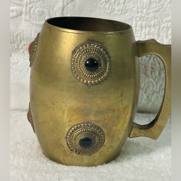 Brass Mug or Stein with Stones Embedded - Picture 2 of 7